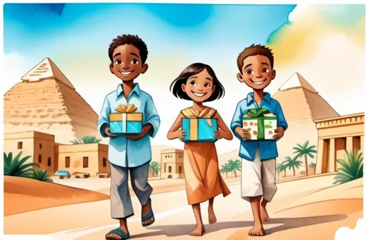 Prompt: (illustration for children's book cover), watercolor style, joyful scene, (2 boys, 2 girls) smiling, holding small wrapped boxes without bows, wearing traditional modern clothes, full body walking forward, enchanting Egypt landscape in the background, whimsical cartoon aesthetic, warm and cheerful ambiance.