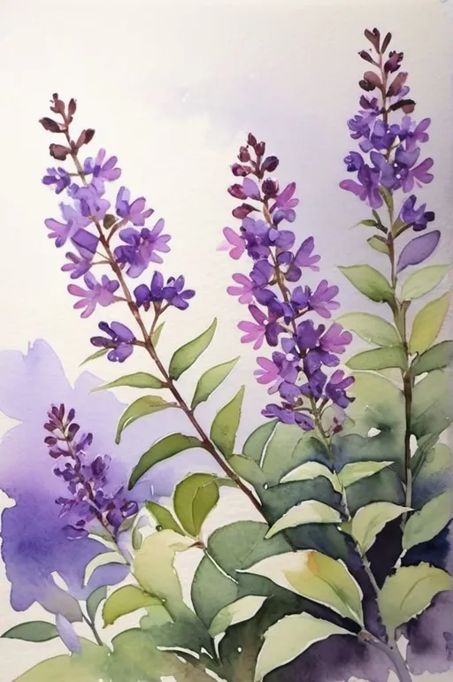 Prompt: watercolor, purple flowers on bush