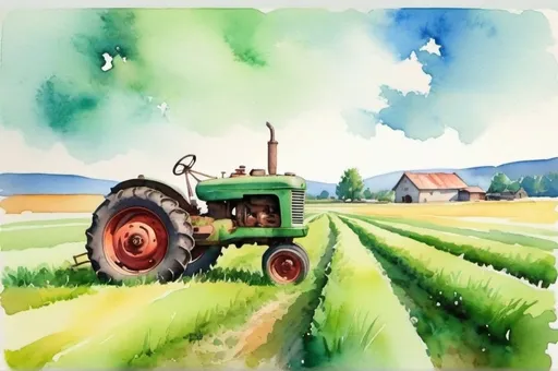 Prompt: watercolor landscape, green field with vintage tractor