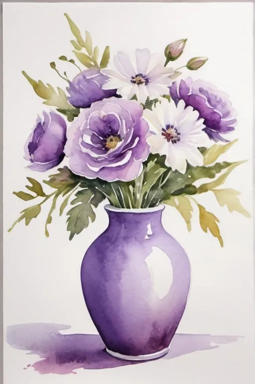Prompt: watercolor portrait, vase with bouquet of purple and white flowers