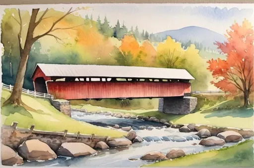 Prompt: watercolor landscape, covered bridge, stream