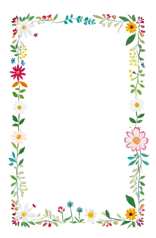 Prompt: a rectangular floral frame with a white background and a border of many flowers and leaves on the edges of the frame, Annabel Kidston, folk art, handdrawn, white background.