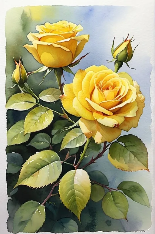 Prompt: watercolor, yellow rose bush