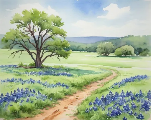 Prompt: watercolor landscape, green field with bluebonnets