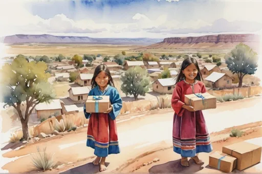 Prompt: vague watercolor, aerial view, children holding small wrapped boxes in background, rural village, native american southwest landscape, joy, brothers and sisters in distance, traditional clothes