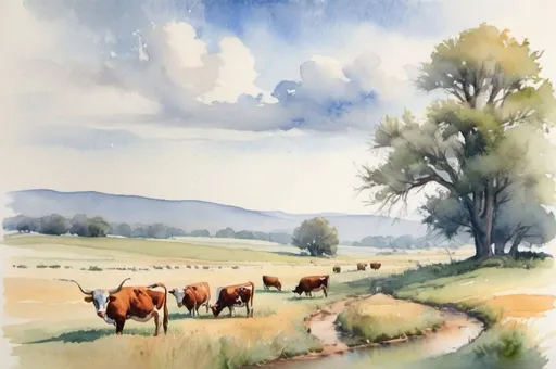 Prompt: watercolor landscape, longhorn cows in the distance