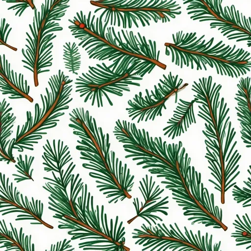 Prompt: seamless tile of evergreen branches on a white background, Mary Reed, folk art, christmas themed, handdrawn, white background.