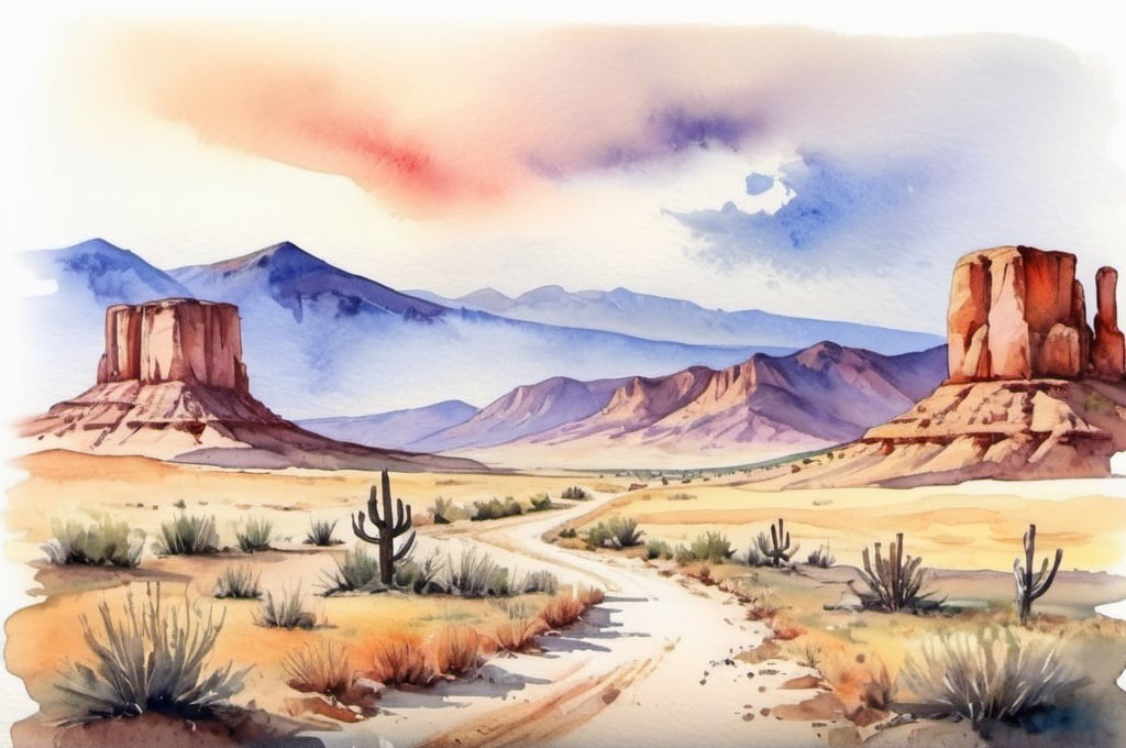 Prompt: watercolor landscape, wild west