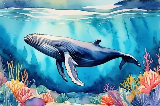 Prompt: watercolor landscape, whale underwater, ocean floor, colorful