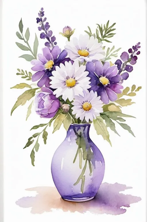 Prompt: watercolor portrait, vase with bouquet of purple and white flowers, white background
