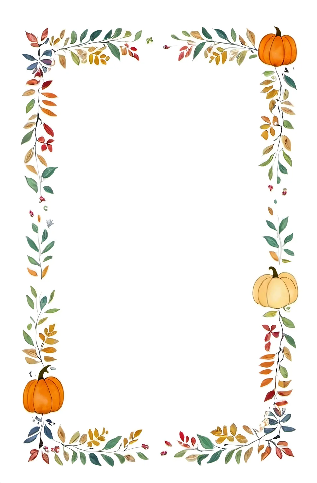 Prompt: a rectangular floral frame with a white background and a border of many autmn leaves and pumpkins on the edges of the frame, Annabel Kidston, folk art, autumn themed, handdrawn, white background.