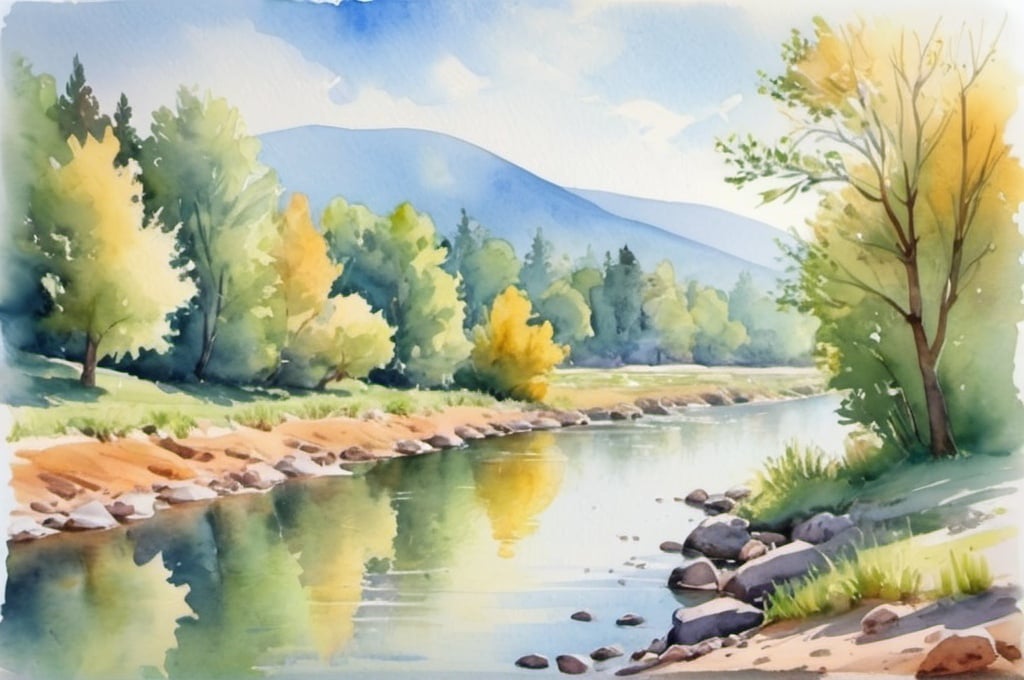 Prompt: watercolor landscape, river, sunny day