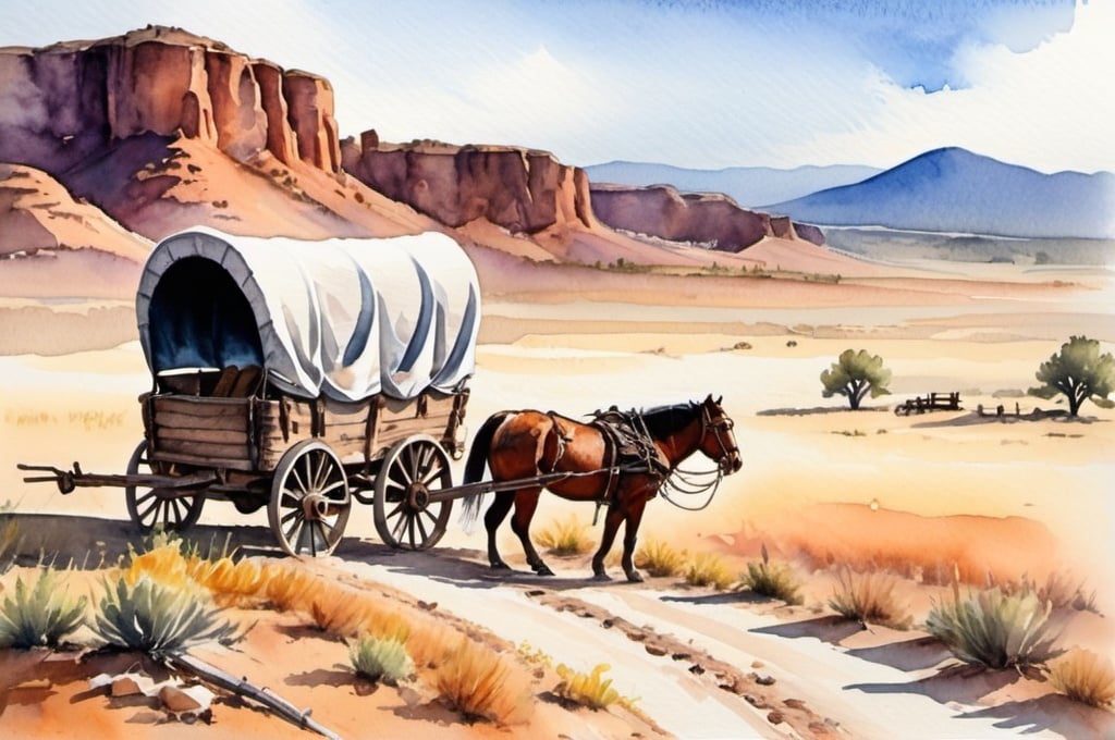 Prompt: watercolor landscape, covered wagon, wild west