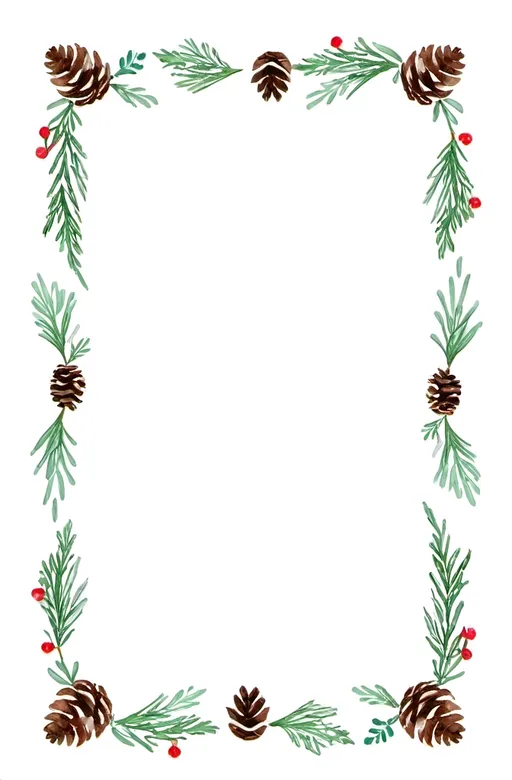 Prompt: a rectangular floral frame with a white background and a border of evergreen branches and pine cones around the edges of the frame, Mary Reed, folk art, christmas themed, handdrawn, white background.