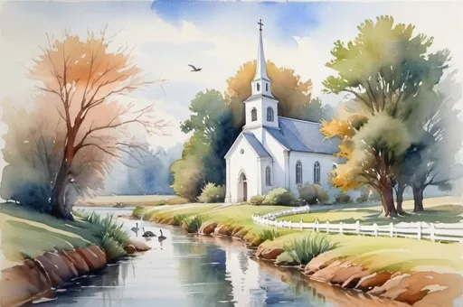 Prompt: watercolor landscape, swans stream beside a white church