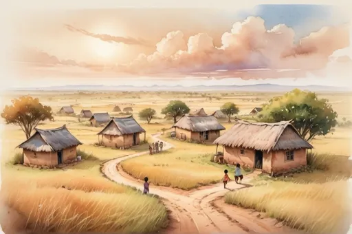 Prompt: vague watercolor, aerial view, children holding small wrapped boxes in background, rural village, african plains landscape, joy, brothers and sisters in distance