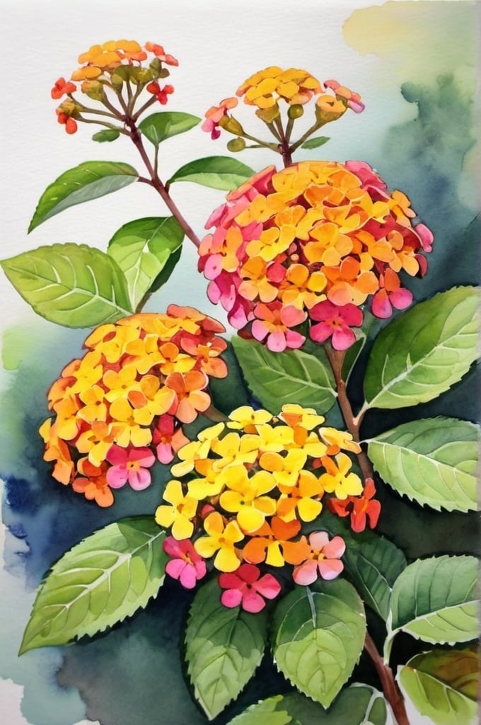 Prompt: watercolor, orange and yellow and pink lantana bush