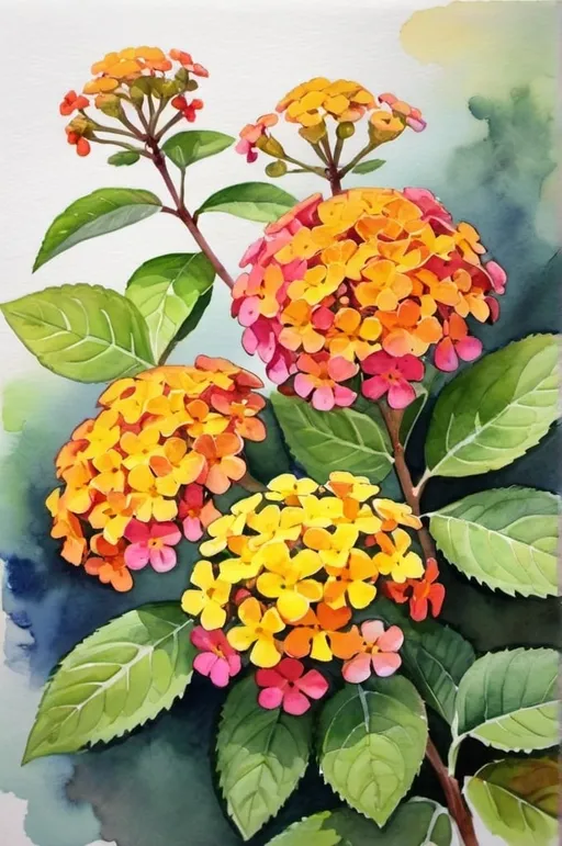 Prompt: watercolor, orange and yellow and pink lantana bush