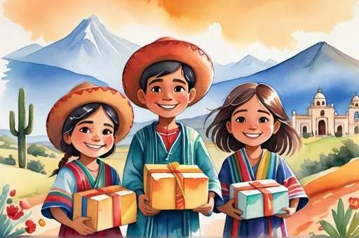 Prompt: (illustration for children's book cover), watercolor style, joyful (2 boys, 2 girls) smiling while holding small wrapped boxes, wearing traditional clothes without hats, vibrant colors depicting a beautiful mexican landscape in the distance, playful and whimsical cartoon, smiling expressions.