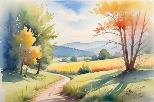 Prompt: watercolor landscape, sunny