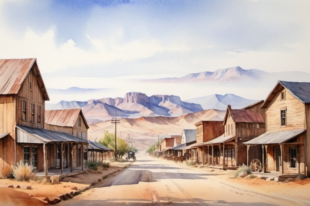 Prompt: watercolor landscape, old western town in the distance