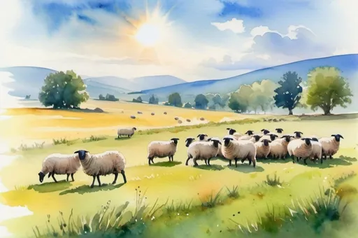 Prompt: watercolor landscape, flock of sheep in the distance, meadow, sunny