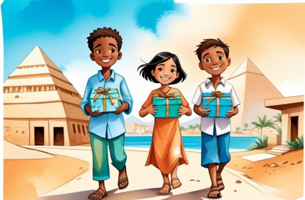 Prompt: (illustration for children's book cover), watercolor style, joyful scene, (2 boys, 2 girls) smiling, holding small wrapped boxes without bows, wearing traditional modern clothes and sandals, full body walking forward, enchanting Egypt landscape in the background, whimsical cartoon aesthetic, warm and cheerful ambiance.