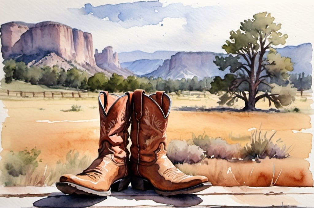 Prompt: watercolor landscape, cowboy boots