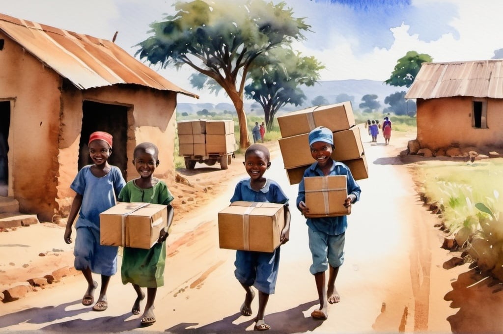 Prompt: watercolor, packages being delivered in africa, rural, children in background