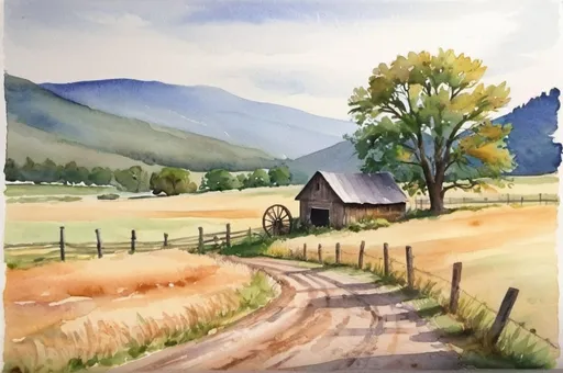 Prompt: watercolor landscape, wagon wheel