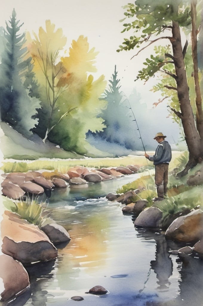 Prompt: watercolor, man alone fishing in a stream, river