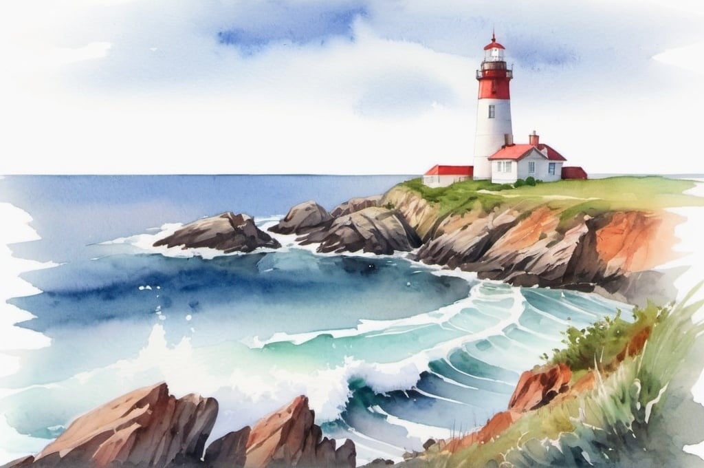 Prompt: watercolor landscape, lighthouse, ocean, rocky