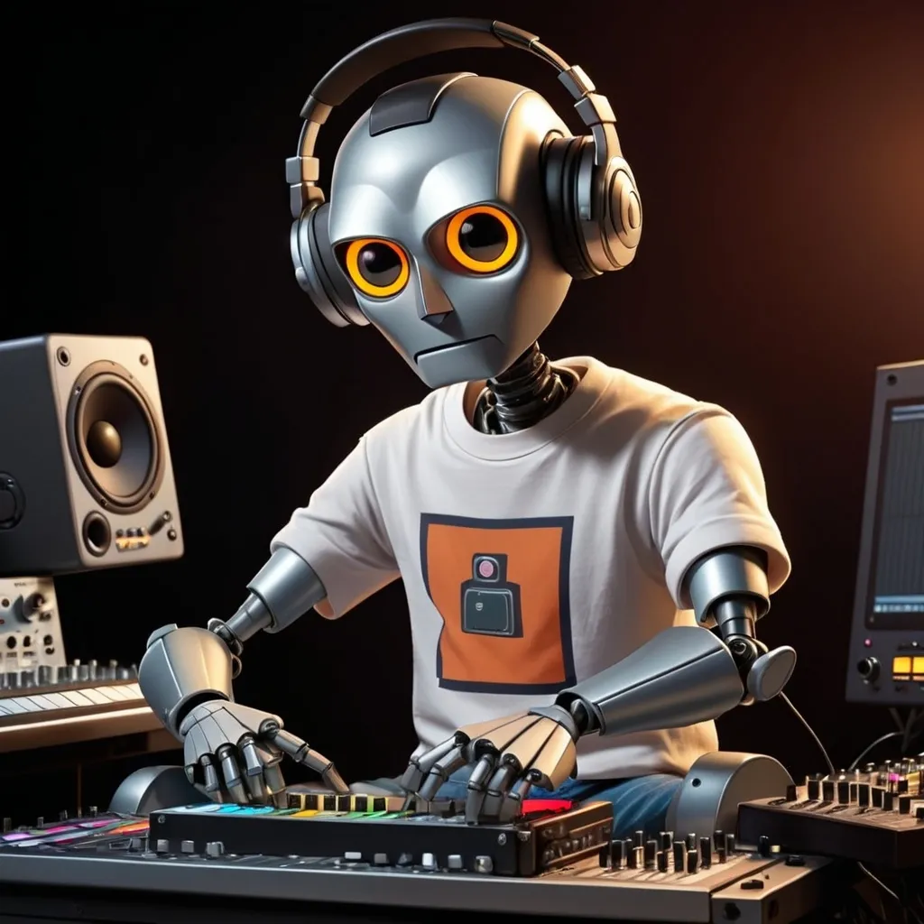 Prompt: cartoon robot man sitting at mixing boards who loves music for a t shirt design