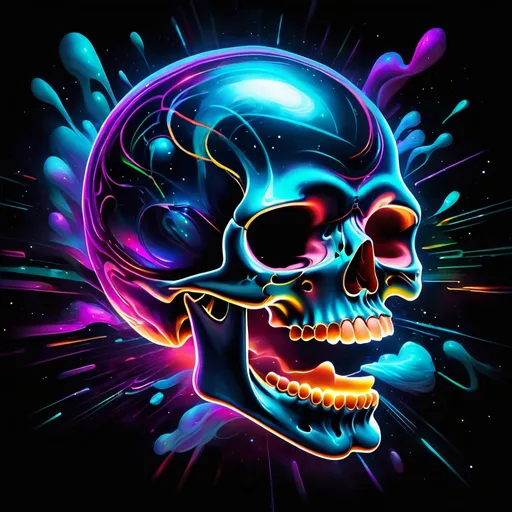 Prompt: Hypnotic hologram illustration of an open mouthed skull floating in space, hypnotic psychedelic art by Dan Mumford,  vibrant, dribbble, quantum wavetracing, dark glow neon paint, black background, behance hd 