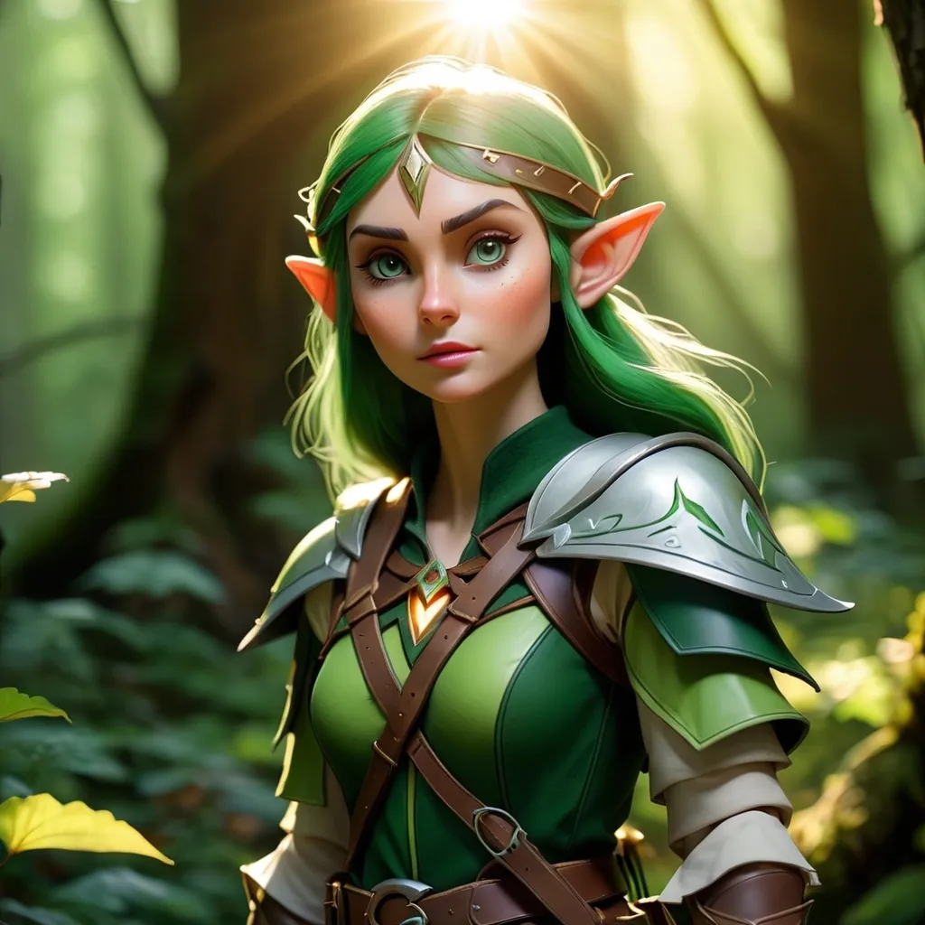 Prompt: Elf ranger in a mystical forest around sunlight