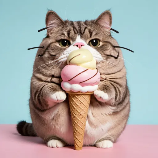 Prompt: Pusheen cat holding ice cream on her nose 