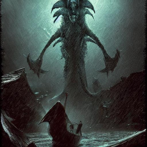 Prompt: Scary sea monster, ominous photo, mystery, horror, by Guillermo del toro, trending on artstation, HDR, 8k, fantasy art