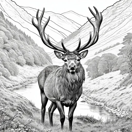 Prompt: A stag in a Scottish glen for colouring book