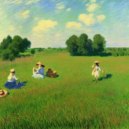 Prompt: Make a image of green field with grass till horizon in summer with people picknicking in monet style
