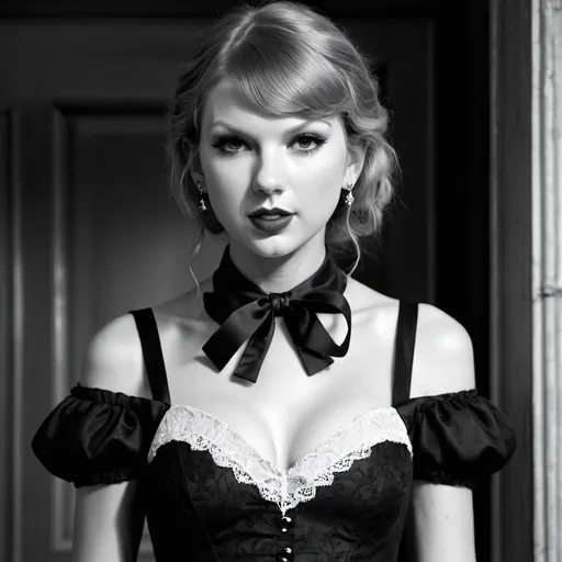 Prompt: Taylor swift On a goth Vintage 1700s dress, trying to escape a mental Institution, in black & white