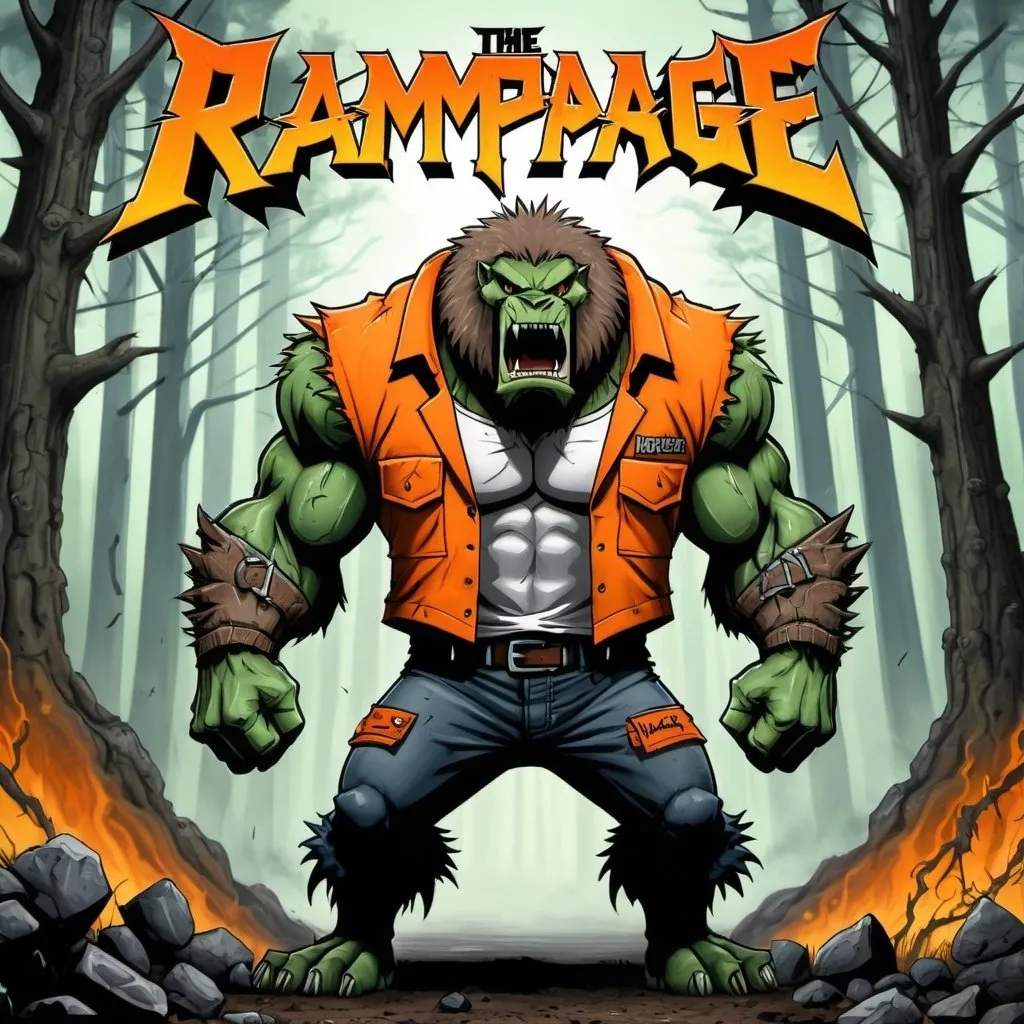 Prompt: the word, "Rampage" in a heavy-metal style with a tree and forest theme. A beast in the background standing on two legs wearing a workers orange vest with pockets for tools