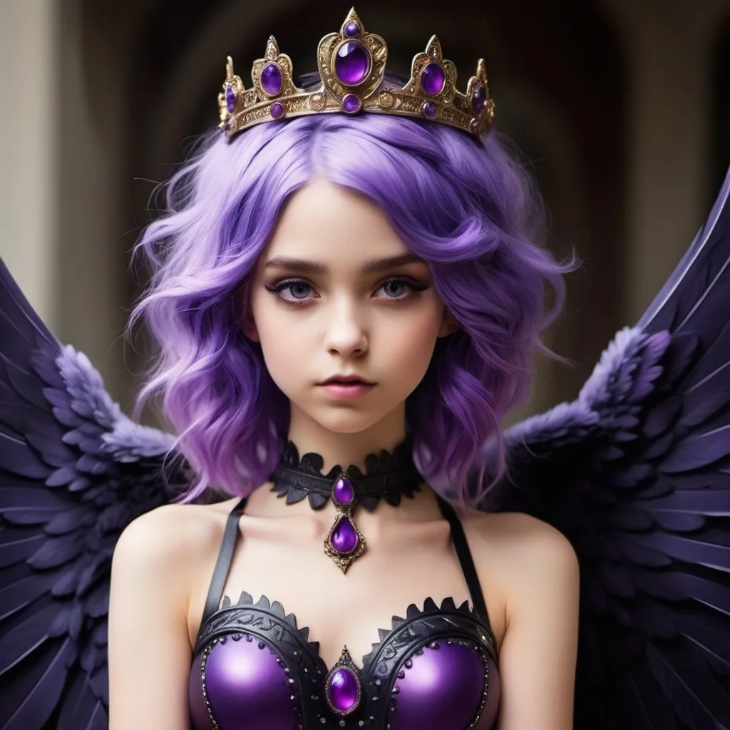 Prompt: She has black wings a purple costume she has purple hair she has purple diadem 