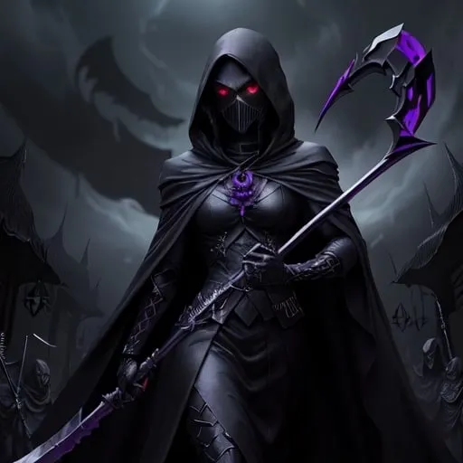 Prompt: High-quality digital artwork of a mysterious figure, wielding a scythe, black and purple cloak, intense red eyes, dark black skull mask, striking poses, detailed hair with cool highlights, ominous atmosphere, fantasy style, dark and brooding tones, dramatic lighting, professional, detailed eyes, digital painting, fantasy, intense colors, atmospheric lighting