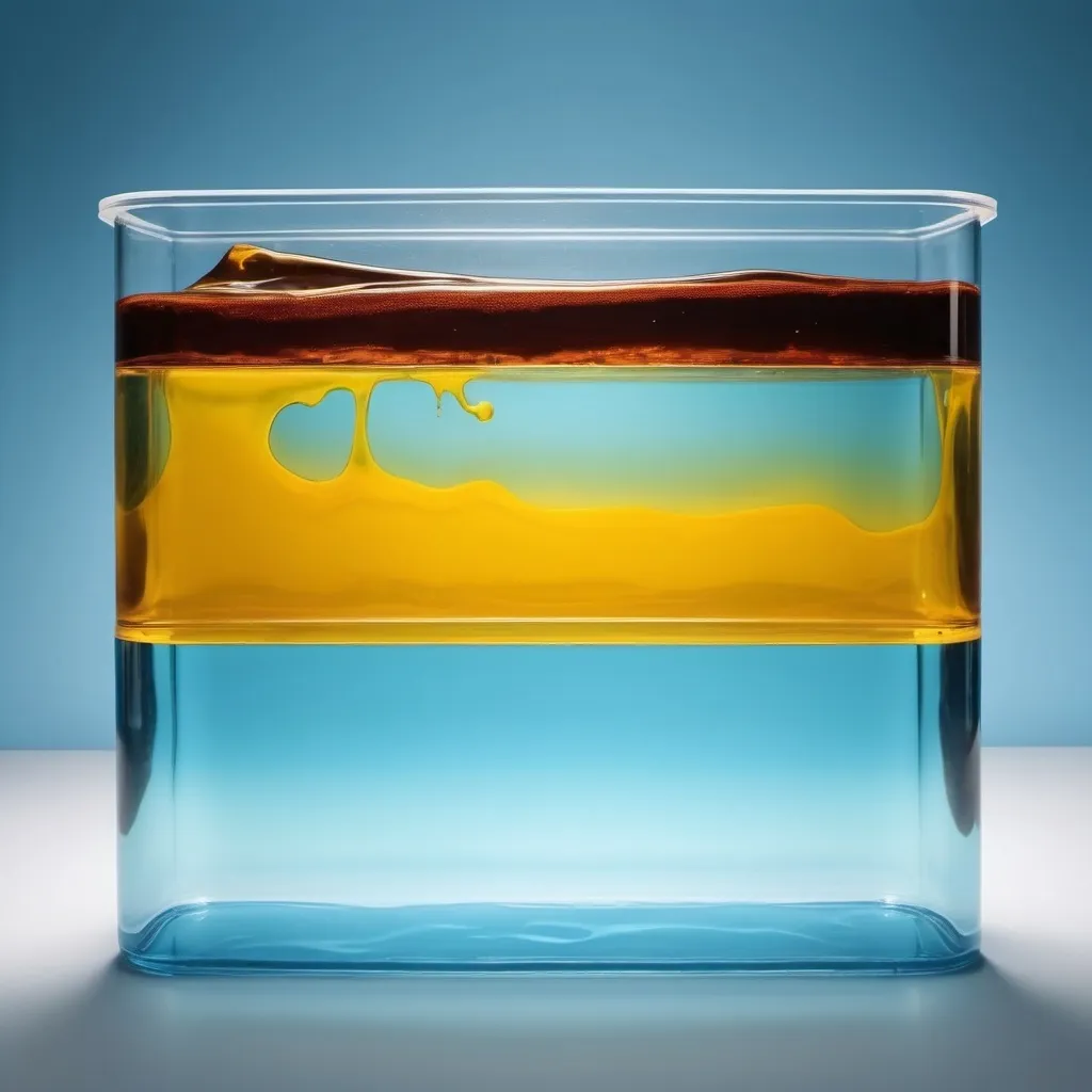 Prompt: Create a picture: a large, flat, long transparent oil tank with three layers of liquid mixed in it: brown impurities, yellow oil layer, and light blue water layer, mixed gradually without obvious divisions