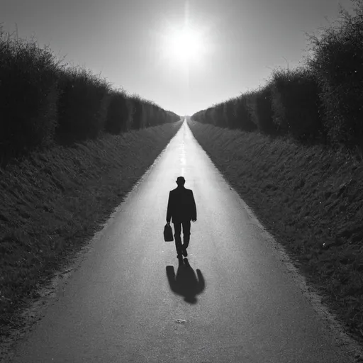 Prompt: a man walking in the beging of the way looking for future