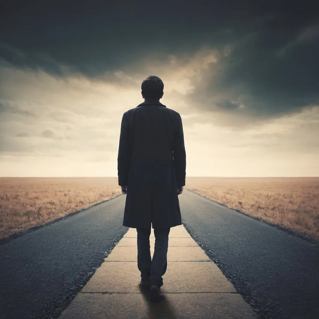 Prompt: a man standing in the beging of the way looking for future