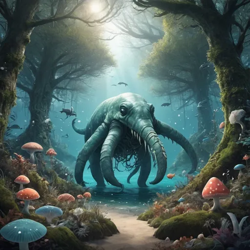 Prompt: In a magical forest there are a lot of unknown creatures. There is a view on the magical ocean where a lot of huge creatures live. 
