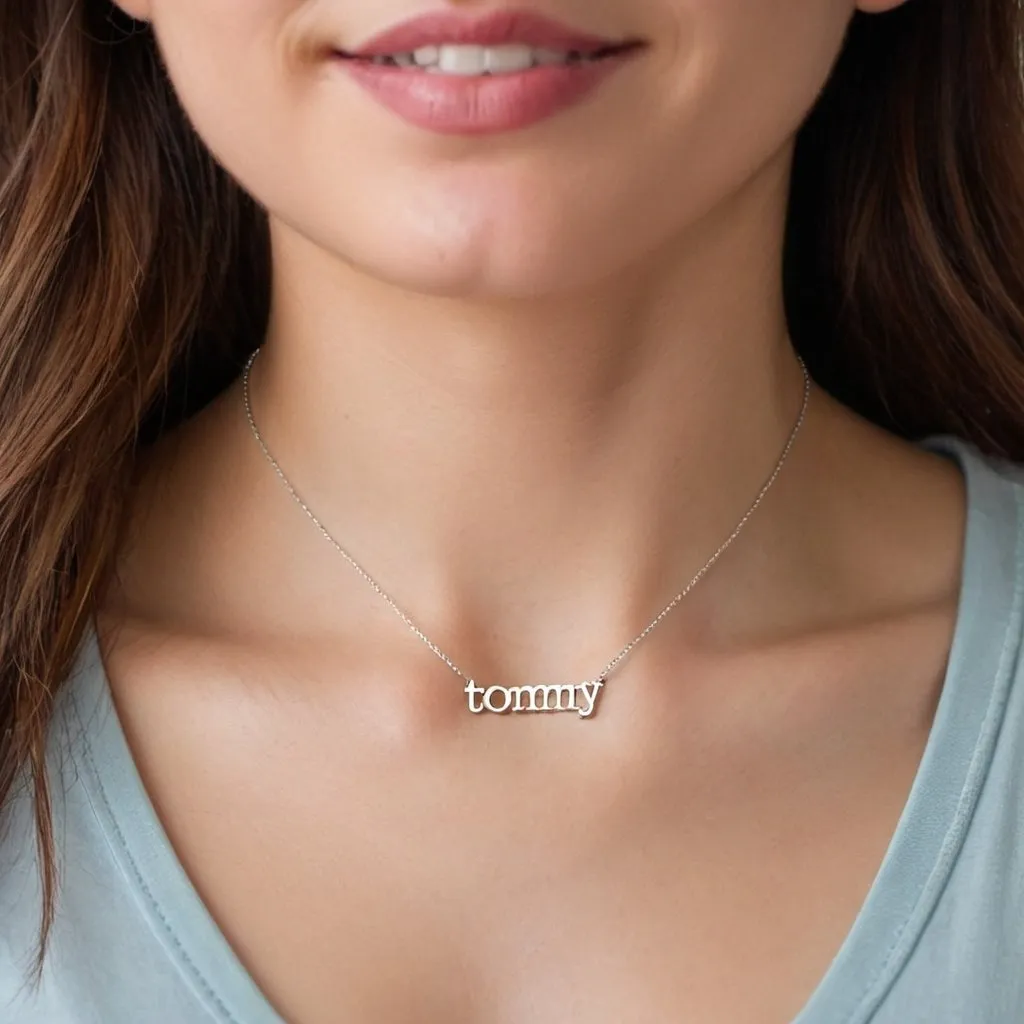 Prompt: a simple customized sliver  name necklace Tommy on a women 
