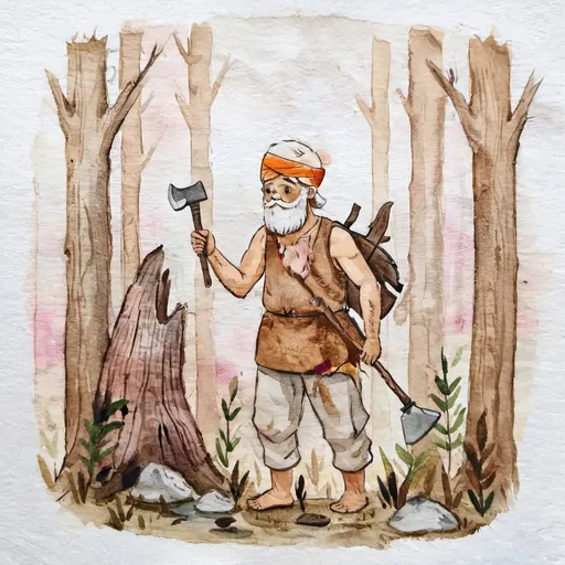 Prompt: A humble Indian woodcutter, early 40s, medium build, weathered skin, simple brown tunic and loose pants, full beard, turban or headwrap, standing near a forest river holding an iron axe, realistic lighting