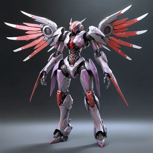 Prompt: A full body image of an elegant looking female mech that is inspired by the faced nemesis mechon design from xenoblade chronicles one and has cool turbine wings on its back and its purely grey and light purple in color and has a place in the chest area where the cockpit is and has red energy veins running throughout it.